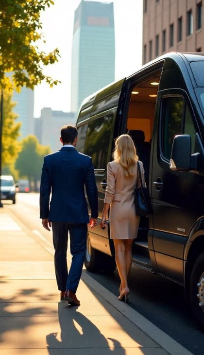 business-group-boarding-shuttle Group of business professionals boarding a spacious Minneapolis shuttle van for corporate